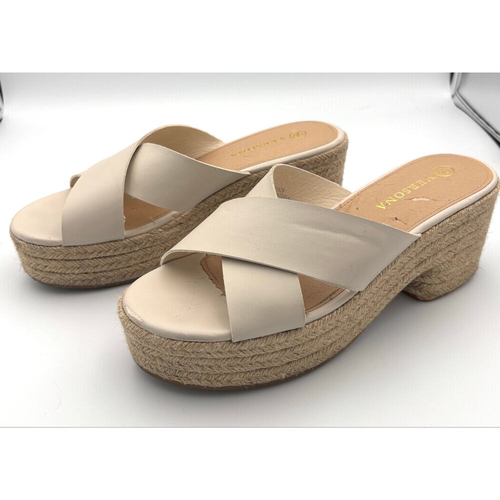 Espadrille Platform Sandals Size 9 Cream Cross Strap Slide Block Heel Boho
